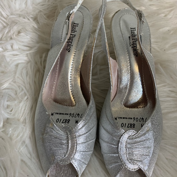 Vintage Hush Puppies heels 80s silver metallic peep toe slingback Size 7 M - Picture 2 of 11